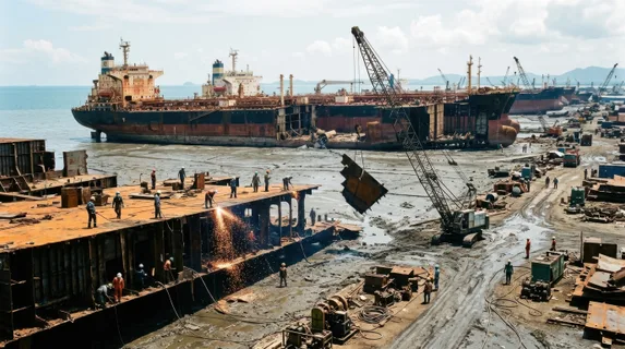 Shipbreaking yard at low tide, enormous ocean vessel hulls in various stages of deconstruction beached on a tidal flat, workers with cutting torches moving across hull sections with sparks trailing,