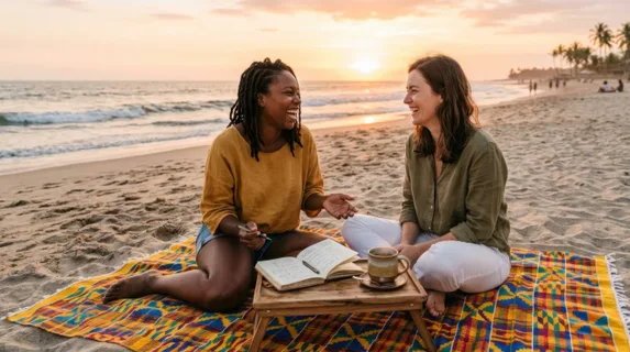 a wide shot captures the joyful interaction between a 36-year-old black female entrepreneur and her client, seated on a vibrant picnic blanket at a beach during golden