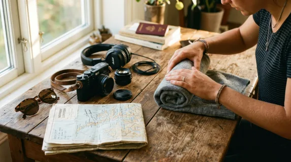Traveler's hands carefully rolling a sweater beside a pile of essentials including sunglasses, a camera, headphones, and a folded map on a wooden desk, golden afternoon