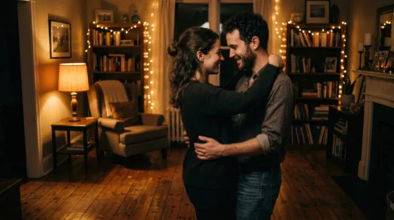 Two people dancing slowly in a cozy living room dimly lit by fairy lights and a table lamp, silhouettes intertwined in soft focus background, warm amber tones dominating
