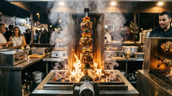 Close-up of sizzling chicken and vegetable skewers rotating on vertical rotisserie grill, intense flames visible at base, moisture and juices caramelizing on meat surface