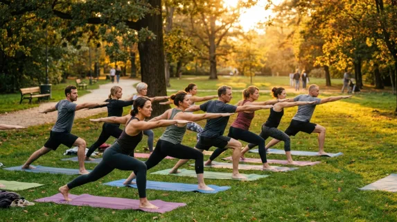 Group of yoga enthusiasts in park standing in warrior pose formation on individual mats, arms stretched parallel to ground, legs lunged forward in perfect alignment, park