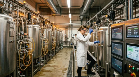 Precision fermentation bioreactor room, tall cylindrical stainless steel vessels connected by a web of transparent tubing, golden liquid flowing through pipes, digital control panels displaying