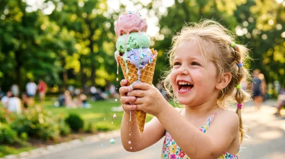 Colorful ice cream cone melting in summer sunlight, three stacked scoops in pastel shades dripping down a crispy waffle cone, droplets frozen mid-fall, child's hand