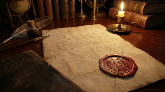 Close-up of an open historical document with intricate seal, vintage handwriting, and official markings, leather-bound cover partially visible, quill pen and inkwell