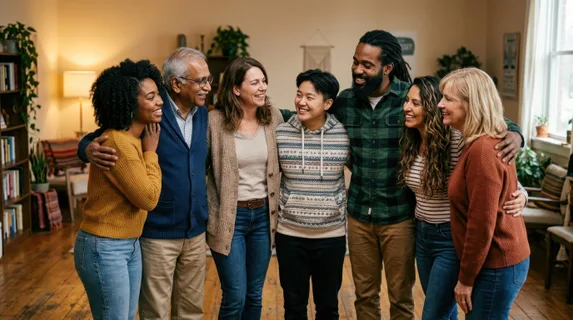 Mixed group of people in a supportive huddle with arms around one another's waists and shoulders, standing together indoors in a safe space with soft ambient lighting,