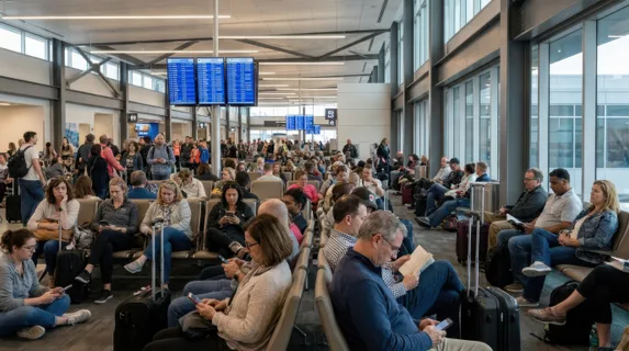 Crowded airport gate area with diverse passengers of various ages standing and sitting with roller luggage, some checking phones, others reading, tired expressions mixed