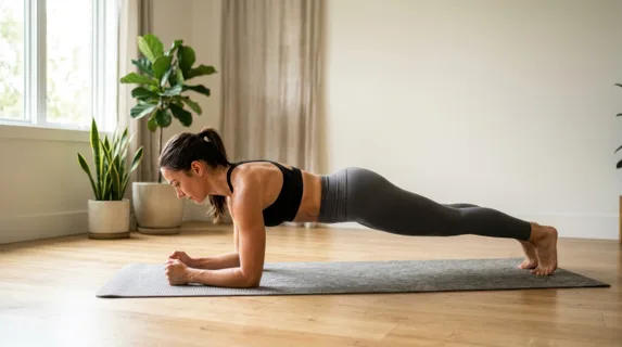 Fit woman doing a plank exercise on a yoga mat in a minimalist home studio, core engaged, shoulders aligned, determined expression, sunlight creating soft shadows across