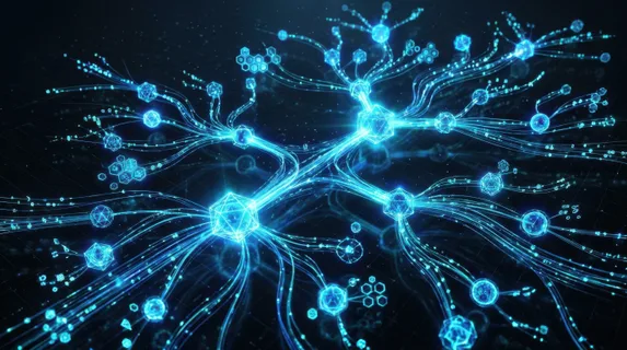Abstract network diagram with glowing interconnected nodes and flowing data streams, luminous lines branching across dark space, nodes pulsing with electric blue and cyan