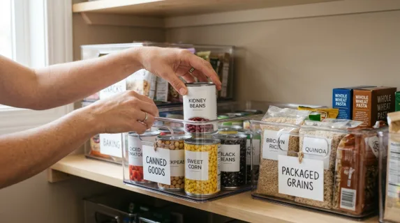 Close-up of careful hands organizing non-perishable food items into clear plastic bins with handwritten category labels, canned goods and packaged items arranged neatly