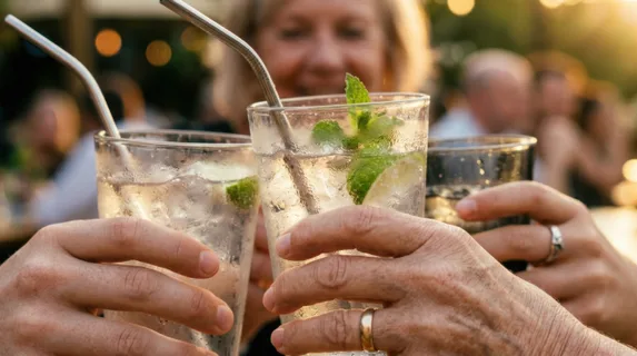 a close-up of the manager's hand holding her glass, capturing the refreshing cold drink clinking against her colleagues' glasses in a toast. the shot focuses on the