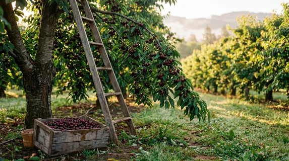 A late spring cherry farm just before harvest, trees heavy with ripe dark cherries so dense the branches bend, a picker's ladder leaning against one trunk, a full wooden crate in the foreground,