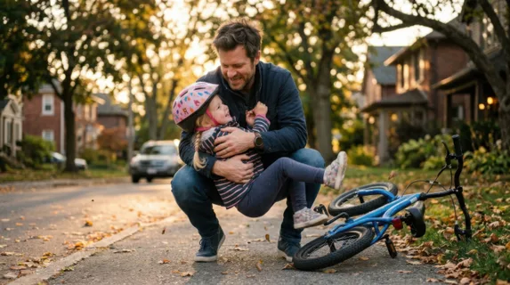 A father catches his young child mid-fall from a bike, strong hands firmly supporting the child's torso, protective embrace freezing the moment of rescue, genuine relief
