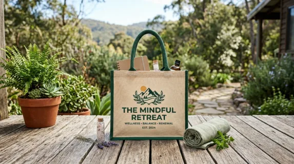 a bold graphic composition showcasing the wellness retreat gift bag centered on the rustic wooden deck, surrounded by hints of greenery, designed for advertising.