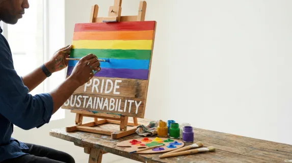 a graphic commercial shot captures the artist's hands strategically positioned as he paints the vibrant pride sign, with ample negative space around him for potential