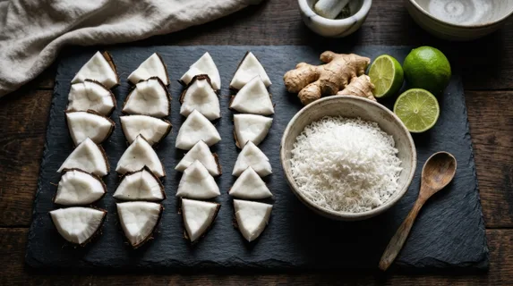 Sectioned coconut pieces arranged in neat rows on a slate board alongside fresh ginger root and limes, fine shredded white coconut meat piled in a ceramic bowl, wooden