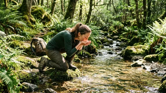 A hiker pauses on a mossy forest trail, kneeling beside a crystal-clear stream, cupping fresh cold water to drink directly from nature, sunlight filtering through dense