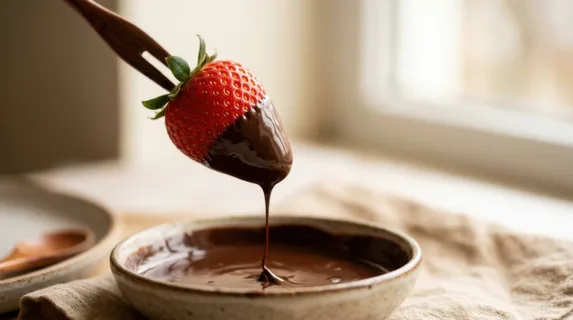 A close-up of a strawberry being dipped halfway into dark melted chocolate, the moment frozen just as it lifts clear, a thin drizzle thread stretching and about to break, tiny seeds on the strawberry