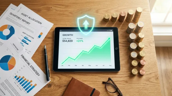 Overhead flat lay of a digital tablet displaying a rising investment graph line in bright green, surrounded by stacked coins arranged in ascending height formation, a