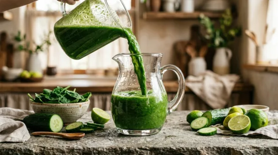 Thick green wellness smoothie being poured into a glass pitcher, rich emerald liquid captured mid-flow with dynamic motion, fresh spinach leaves, cucumber slices, and