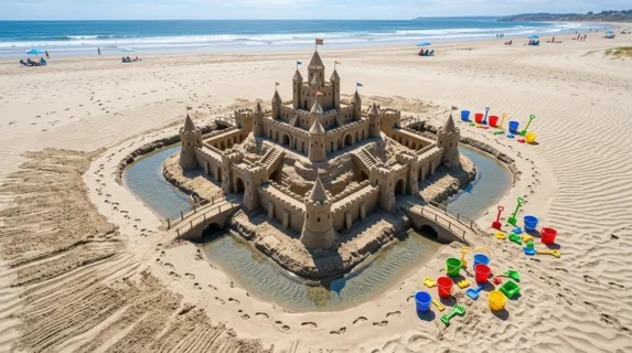 Overhead aerial view of an intricate sandcastle fortress with detailed architectural features, symmetrical moats and bridges, colorful buckets and shovels arranged nearby