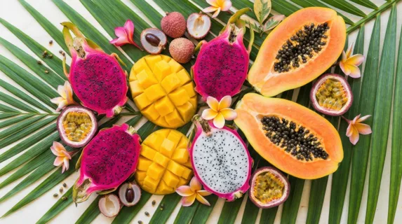 A flat lay of tropical fruits arranged artistically on a palm leaf, papaya, mango, dragon fruit, lychees and passion fruit all halved to reveal their vivid interiors, the composition a riot of