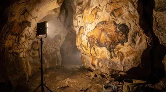 Prehistoric cave art site accessed by a narrow passage, a research photographer's light panel illuminating ochre and charcoal animal figures painted on uneven limestone surfaces, a bison charging