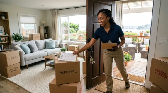 a dynamic angle captures a 44-year-old black female home inspector reaching toward a clipboard at the entrance of a stylish vacation rental, her keys in motion. the