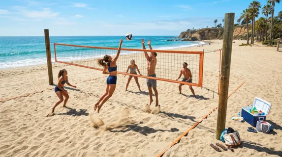Overhead view of friends playing beach volleyball, sand spraying as they jump and spike, net stretched between two wooden poles, cooler with refreshments on the sideline,