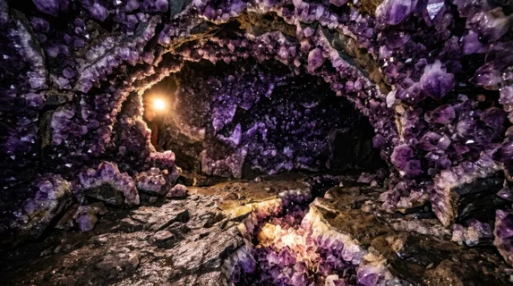 Cave geode chamber with amethyst crystals lining the walls and ceiling, the violet crystals in every size from thumbnail to 40cm, lit by a single warm source creating deep purple shadows in the