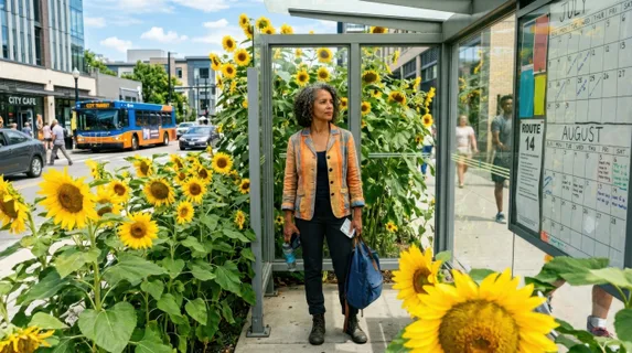 a 50-year-old mixed-race female commuter stands confidently at a bus stop, her contemplative expression visible amidst towering, vibrant sunflowers that create a surreal