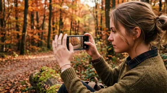 Young adult's hands expertly framing a forest scene through a smartphone camera, autumn foliage in warm orange and red tones visible both in the viewfinder and around the