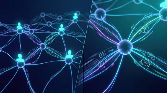 Split-screen digital visualization showing network nodes connected by glowing lines forming an organic web pattern, abstract human silhouettes at connection points