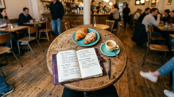 a distinct overhead angle of the small, round table with the entrepreneurs performance notes, espresso, and croissants framed within the composition. the bustling cafe