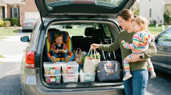 Toddler in colorful car seat surrounded by organized storage bins and toys, diaper bag neatly arranged in trunk space, parent loading supplies with one hand while holding
