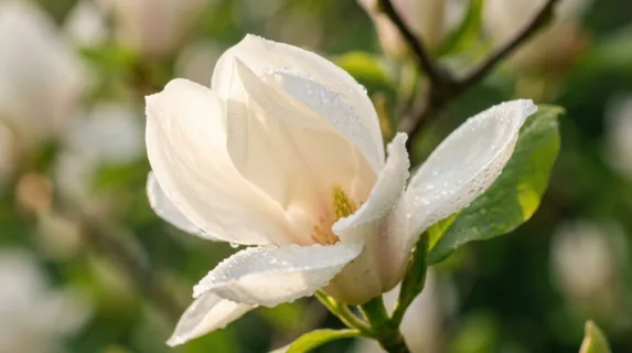 Close-up of white magnolia petals unfurling in morning light, water droplets clinging to soft surfaces, shallow depth of field with blurred green stem and leaves in
