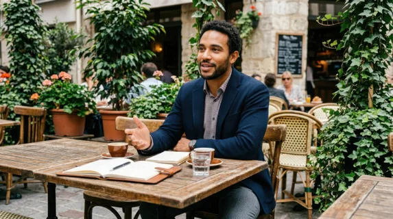 from a low angle, the cafe meeting scene presents the 32-year-old mixed-race male consultant at a charming rustic wooden table, surrounded by greenery. the natural light