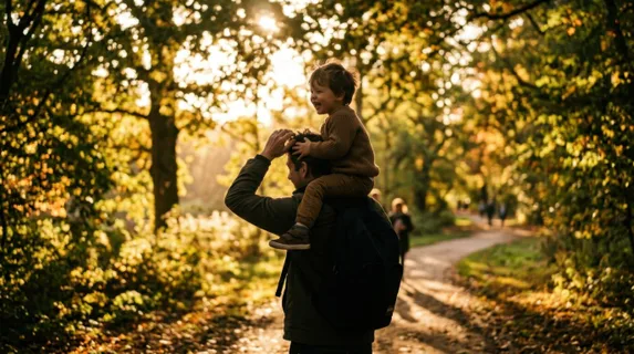A small child sits high on an adult's shoulders during a sunny park stroll, tiny hands gripping the adult's head with joy, both figures silhouetted against golden