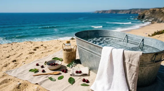 a diagonal shot of a galvanized cold plunge tub and soft towels on a sandy beige picnic blanket, with cherries and green leaves scattered artfully around. the angle