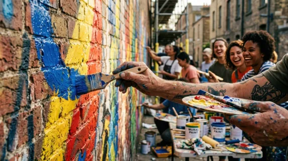 Close-up of hands painting vibrant mural on brick city wall as part of public art celebration, brushstrokes in bold primary colors layering over existing street art,