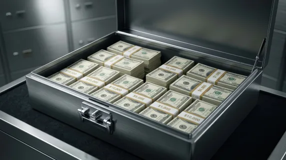 Neat rows of wrapped cash bundles arranged symmetrically in an open safe deposit box, metallic surfaces gleaming with cool reflections, each bundle clearly organized and
