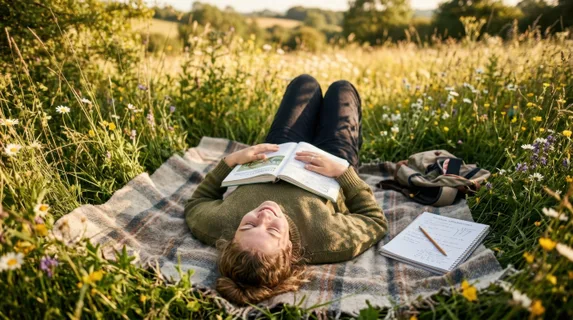 A young student lying on their back in a sun-dappled meadow, open textbook resting on their chest, surrounded by wildflowers and tall grass blades catching golden