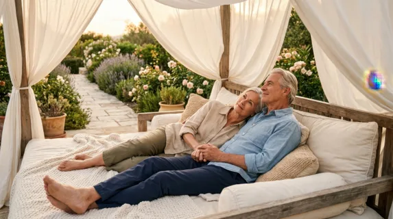 Mature couple reclined together on a comfortable outdoor daybed with flowing white linen canopy, sun-drenched garden terrace visible behind them with flowering shrubs and
