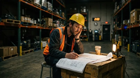 Night shift worker in hard hat and reflective vest sitting in a dimly lit industrial warehouse, examining blueprints under a portable work light, tired expression with