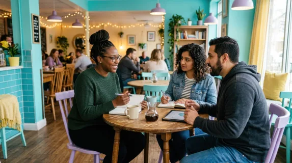 in a cozy cafe, a 37-year-old black female sales representative is engaged in a huddle with two team members at a small table, with the bright aqua, soft lavender, and