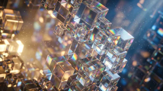 Abstract composition of translucent glass cubes layered and interlocking at various angles, light refracting through crystalline surfaces creating rainbow prisms and soft