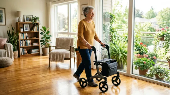 Senior woman in a bright sunny apartment confidently using a sleek modern walker with four wheels, moving across polished wooden floors toward large windows flooded with