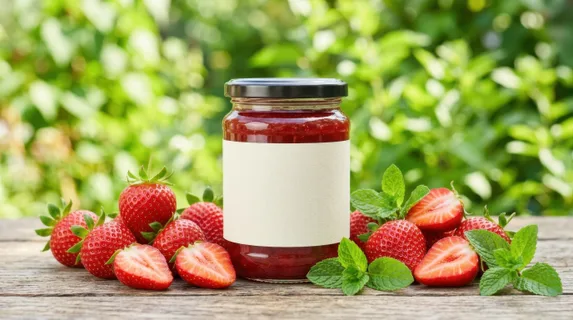 a bold, graphic composition featuring the blank-label jam jar surrounded by neatly arranged whole and halved strawberries and bright green herbs, set against a soft-focus