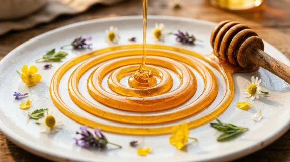 Swirling golden honey drizzled onto a white ceramic plate in a tight counterclockwise spiral, thick viscous streams catching warm studio light with glossy highlights,