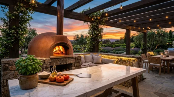 Luxury outdoor culinary space featuring a fire element pizza oven with terra-cotta dome, natural stone surround with integrated seating nook, oversized marble prep